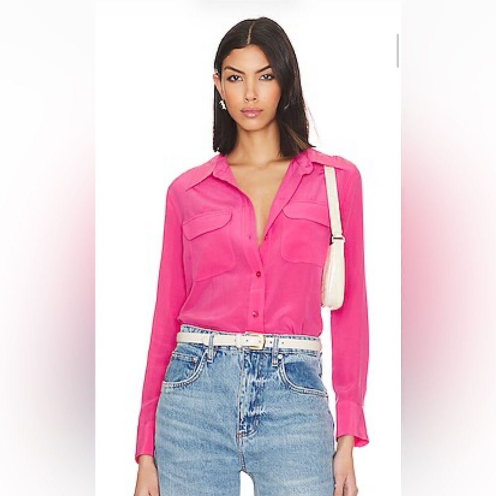 Equipment Slim Signature Silk Blouse Top in Raspberry Sorbet (Pink), XL
